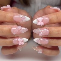 NA003 - French White Bow Camellia Glam Nails